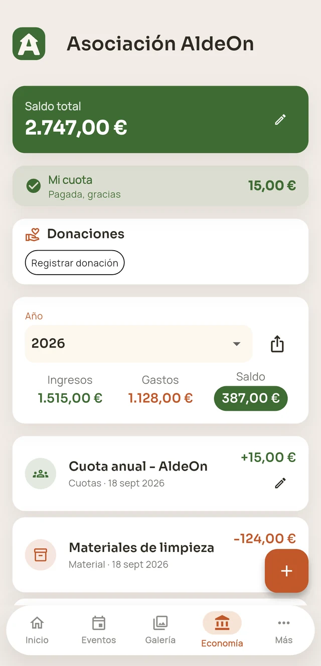 Economía de la asociación en la app AldeOn, con saldo, cuota, ingresos, gastos y movimientos claros