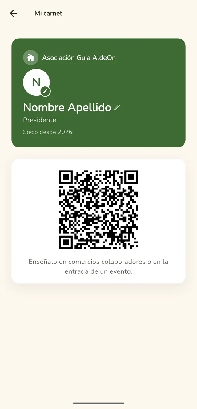 Carnet digital de socio en AldeOn con código QR para identificarse en eventos y comercios colaboradores