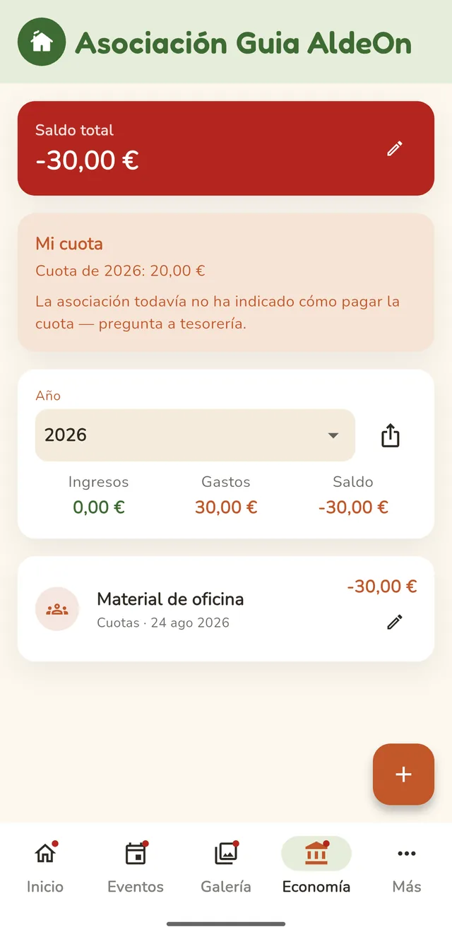 Cuotas y bonos de un negocio local en la app AldeOn, con ingresos, gastos y saldo claros