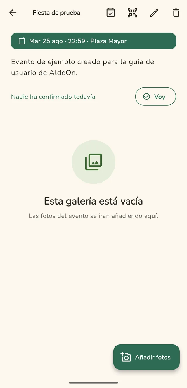 Detalle de un evento en la app AldeOn con confirmación de asistencia
