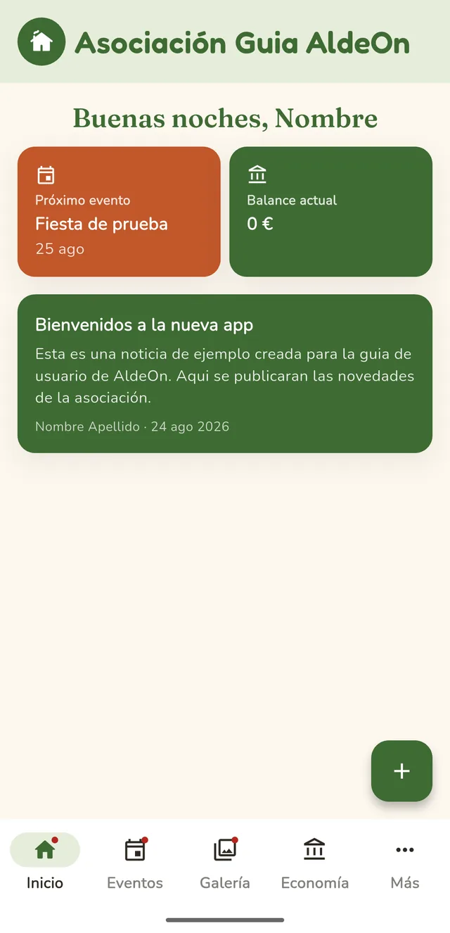 Pantalla de inicio de la app AldeOn con el próximo evento, el balance y las últimas noticias de la organización