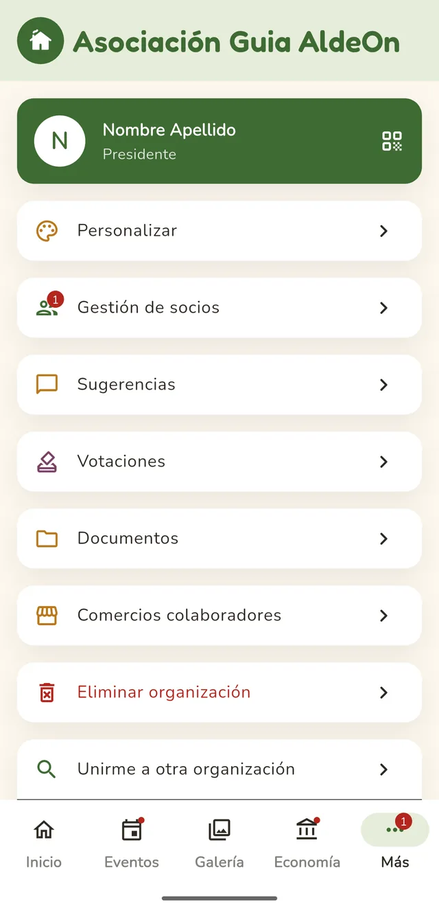 Menú de gestión de la organización en AldeOn, con personalizar, socios, sugerencias, votaciones, documentos y comercios colaboradores