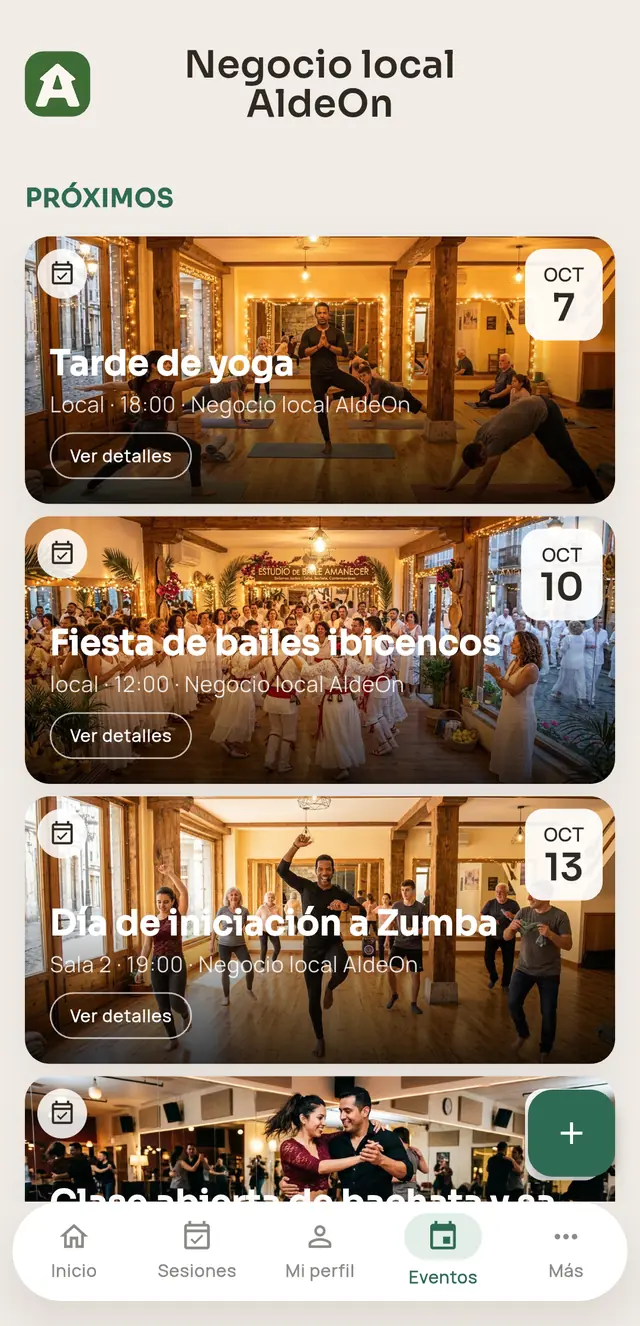 Próximos eventos del negocio en la app AldeOn: tarde de yoga, fiesta de bailes y día de iniciación a Zumba
