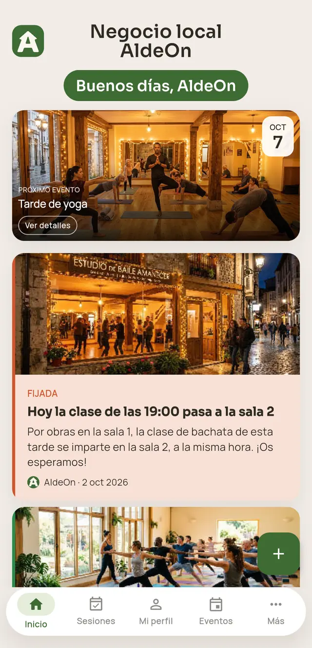 Inicio de la app AldeOn para un negocio: próximo evento y avisos fijados, como el cambio de sala de una clase