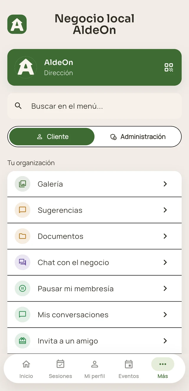 Menú Más de la app AldeOn para negocios: galería, sugerencias, documentos, chat con el negocio y pausar la membresía