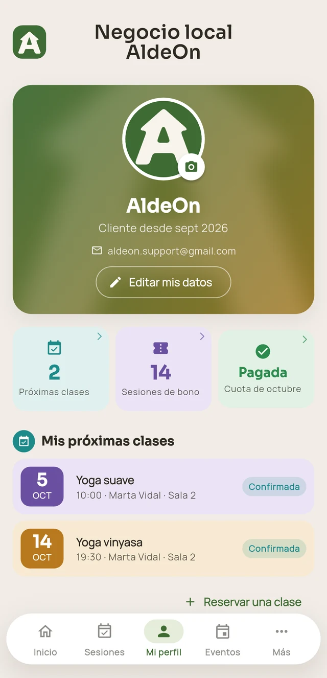 Perfil de un cliente en la app AldeOn: próximas clases, sesiones de bono y cuota del mes