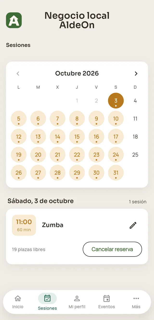 Calendario de sesiones del negocio en la app AldeOn, con plazas libres y reserva de clase