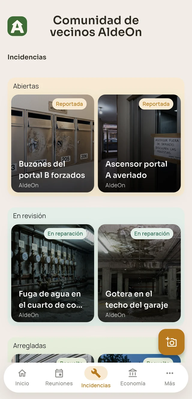 Incidencias de la comunidad en la app AldeOn, con fotos y su estado: reportada, en reparación, arreglada
