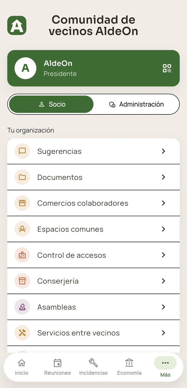 Menú Más de la app AldeOn para comunidades de vecinos: espacios comunes, control de accesos, conserjería y asambleas